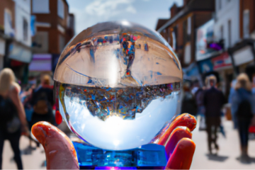 Shopping crowd seen through a crystal ball