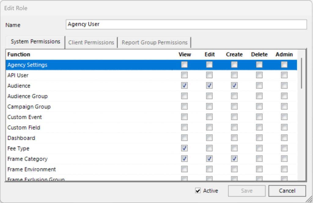 Screen showing role based security configuration